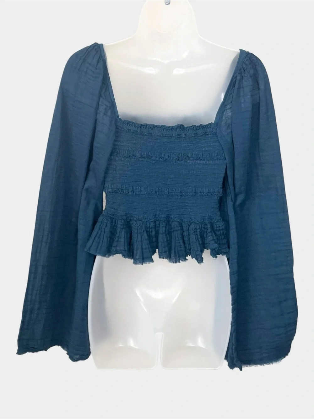 FREE PEOPLE FP ONE Afton Smocked Gauze Square Neck Crop Top Peacock Blue Boho